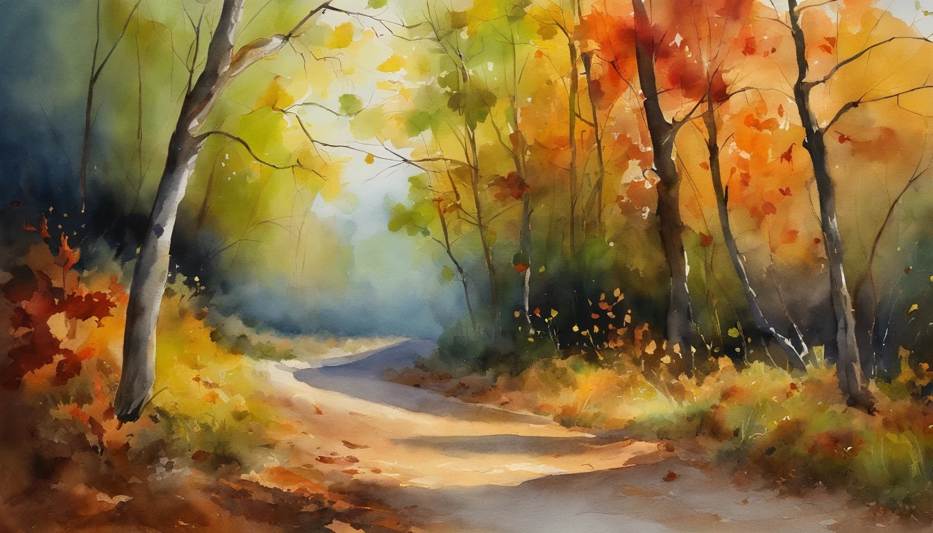 A dirt road,There are maple trees on both sides,There are fallen leaves,Scattered on the ground