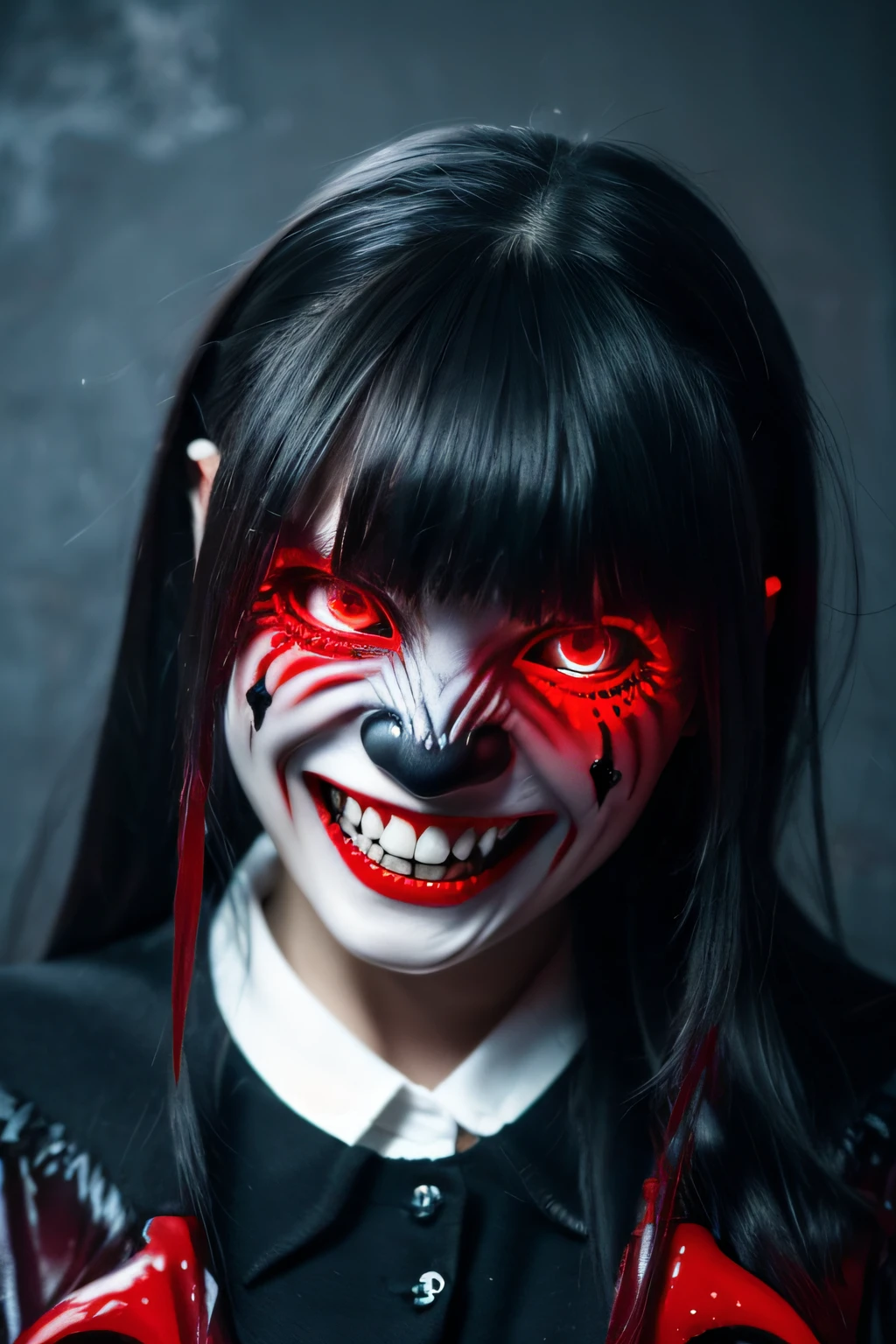 Red Eyes, Vampire tooth fangs, Boolean surface, Blood from the mouth, Smirk,Bat Wings, Scary smile, Psychopathic smile, Psychopath smile, Scary, Oral Opem, Angry eyes, Vampire, Dark sky background, Red + Blue + Green, Shining red moon