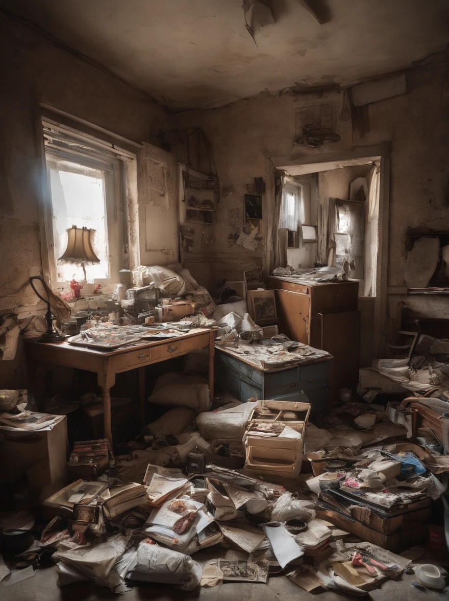 (Best quality at best,4K,A high resolution,tmasterpiece:1.2),ultra - detailed,((Dim light:1.3)),(フォトリアリスティック:1.37),(((Messy photography studio:1.5))),No one inside, The socks under the bed don't match, Shabby wooden chair,(A broken photography light on the ground:1.3),(The desk and floor are piled with various worn-out cameras and lenses:1.5),Old photos and photography magazines,Old photos and old newspapers on the wall,old magazines,Dirty laundry was scattered throughout the room, dusty atmosphere, dim murky lights, messy rooms, Overlooked plants in the corner, piles of unfolded clothes, Cluttered bookshelves,filled with books and trinkets, Half-open windows,The curtains were in tatters, messy bed,The sheets were crumpled, Art supplies scattered on the table, A cracked mirror reflects chaos, The atmosphere is gloomy and chaotic, A forgotten teddy bear lies on the floor, The walls are littered with unfinished drawings, Scattered coffee cups and empty snack wrappers, The lamp on the bedside table is broken, The floor was covered with a worn carpet, Somber color palette with pastel tones, a feeling of being ignored and confused,(Motion picture film tones,Antique color,retro tone,Fading effect)
