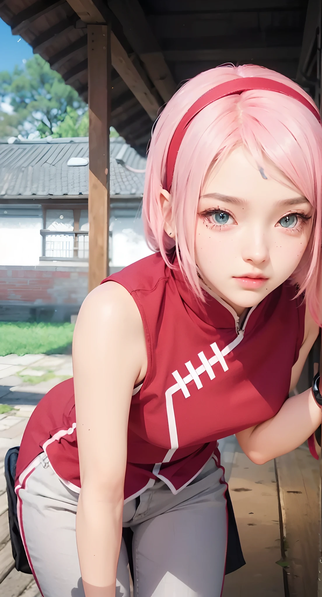 Real life adaption of this character, beauty face,realistic same hair, (realistic same outfit wear Realistic headband), realistic same background , realistic light, realistic shadow, realism, hyper realistic,(photorealistic:1.2),Tight trousers