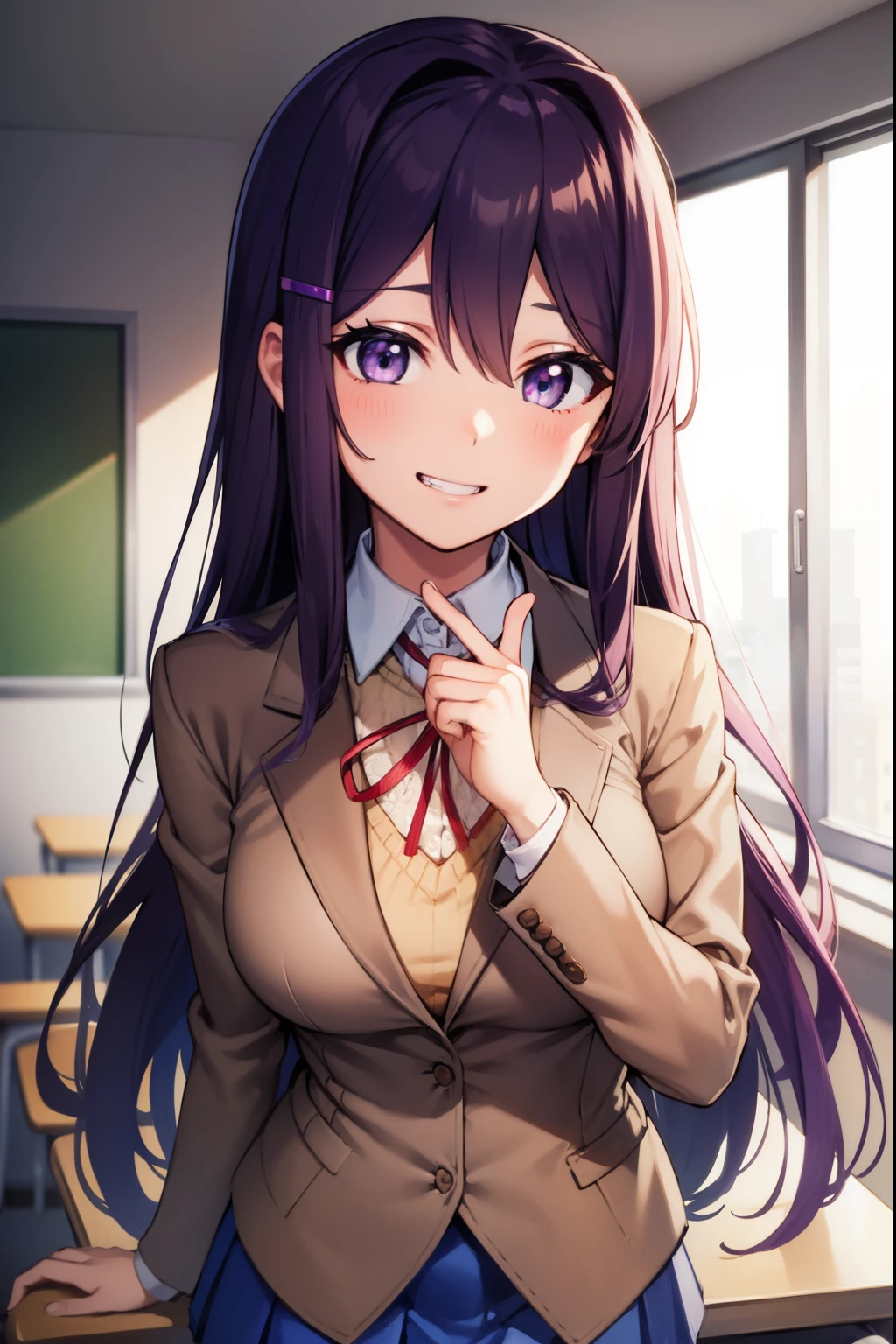 ddlcyuri, ddlcyuri, hair ornament, hairclip, long hair, (purple eyes:1.1), purple hair, grin, smile, hair over eyes,
BREAK blazer, blouse, blue skirt, jacket, (brown jacket:1.5), miniskirt, neck ribbon, ribbon, school uniform, shirt, skirt, white shirt, wing collar,
BREAK looking at viewer,
BREAK indoors, classroom,
BREAK (masterpiece:1.2), best quality, high resolution, unity 8k wallpaper, (illustration:0.8), (beautiful detailed eyes:1.6), extremely detailed face, perfect lighting, extremely detailed CG, (perfect hands, perfect anatomy),