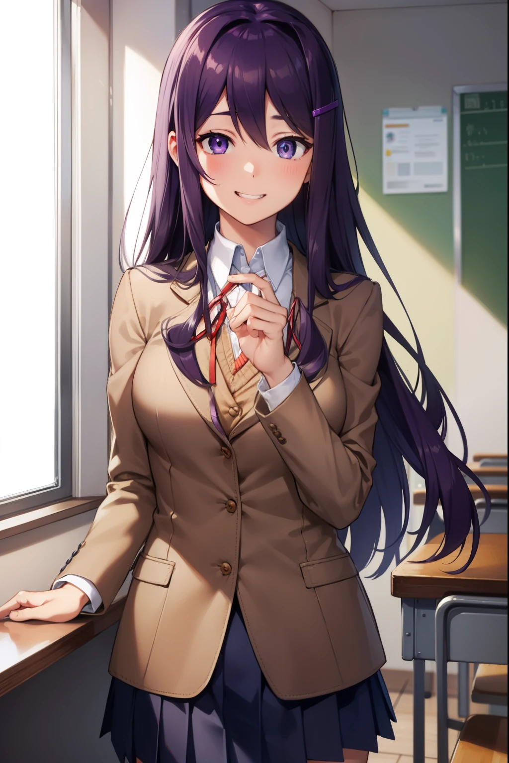 ddlcyuri, ddlcyuri, hair ornament, hairclip, long hair, (purple eyes:1.1), purple hair, grin, smile, hair over eyes,
BREAK blazer, blouse, blue skirt, jacket, (brown jacket:1.5), miniskirt, neck ribbon, ribbon, school uniform, shirt, skirt, white shirt, wing collar,
BREAK looking at viewer,
BREAK indoors, classroom,
BREAK (masterpiece:1.2), best quality, high resolution, unity 8k wallpaper, (illustration:0.8), (beautiful detailed eyes:1.6), extremely detailed face, perfect lighting, extremely detailed CG, (perfect hands, perfect anatomy),