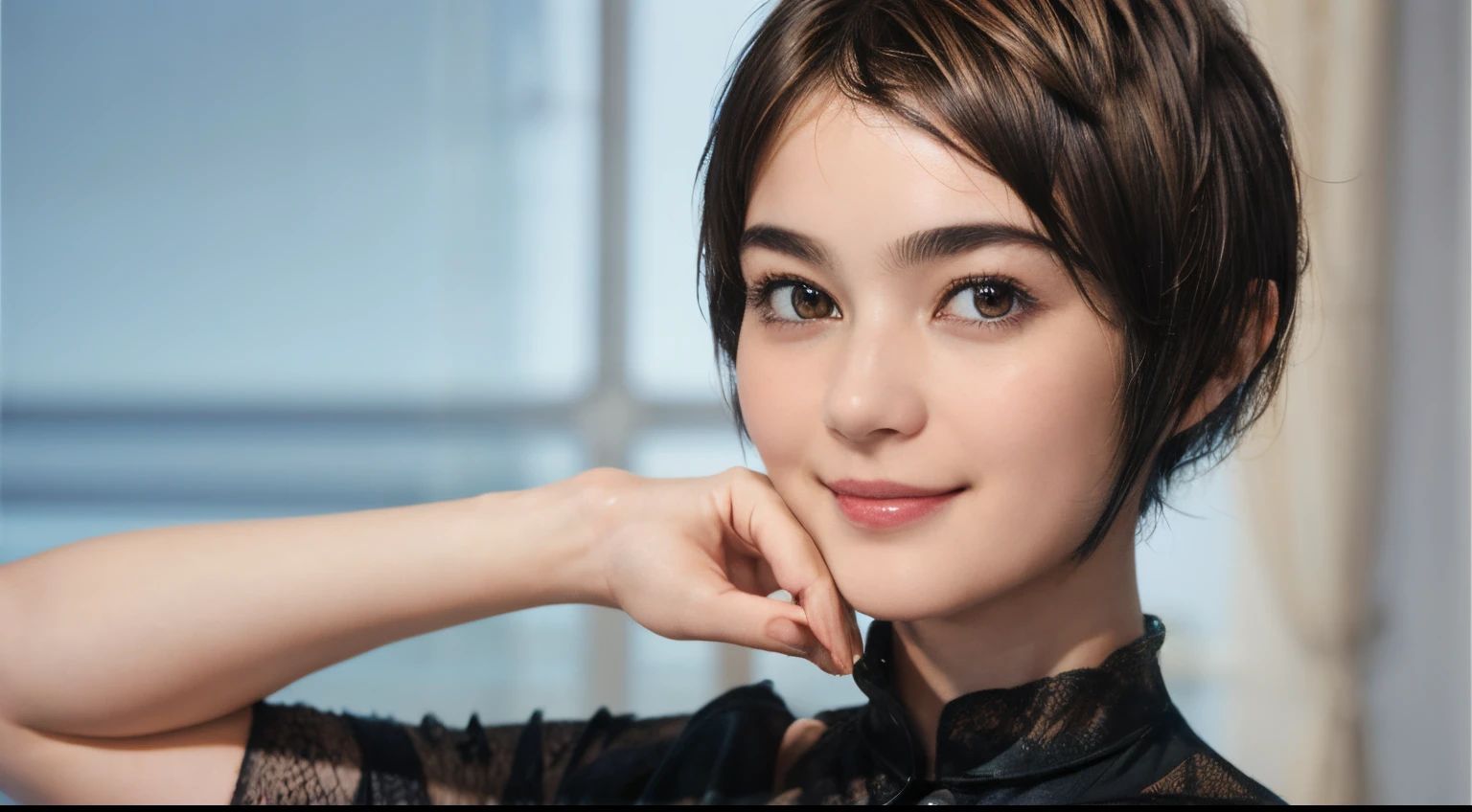 97
(a 20 yo woman,is standing), (A hyper-realistic), (high-level image quality), ((short-hair:1.46)), (Hair smooth), (Gentle smile), (Keep your mouth shut)