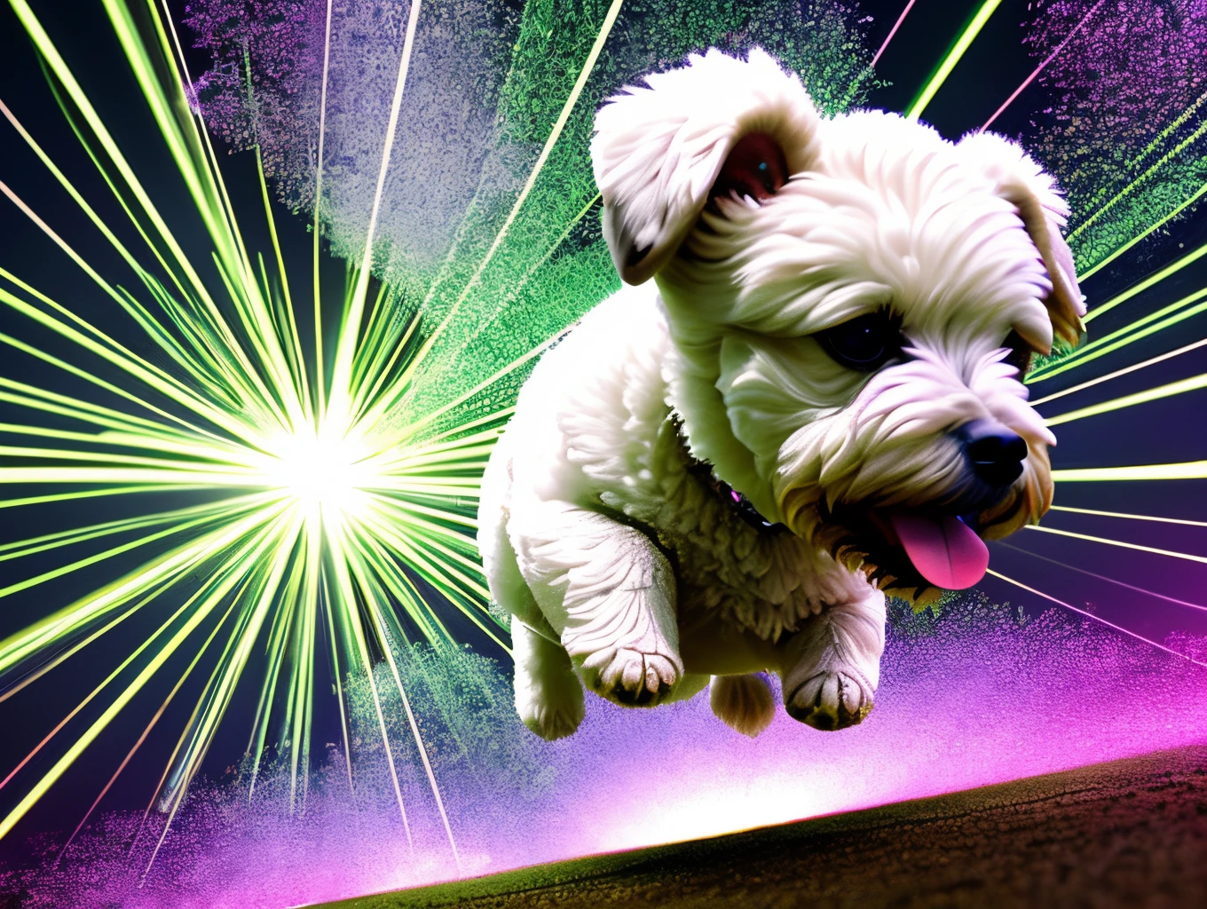 Extreme low angle shot of tiny white toy poodle jumping high in the sky, surrounded by exploding colour bombs of green and white, light in the scene giving a green and white colour, cinematic lighting, artgerm style, 32k, ultra HD, unreal engine rendered, photorealistic image, —ar 9:16 --auto --s2