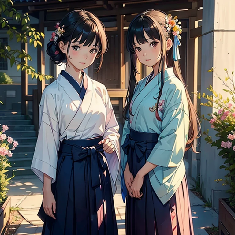 ((Watercolor by Sargent))、(top-quality、masterpiece)、softlight、graduation ceremony、twogirls、is standing、One is wearing a hakama skirt, holding a small bouquet in your hands、The other girl is in uniform, Realistic scenery of the schoolyard, cute japanese model girl, Kimono,Furisode、 with floral pattern, hair adornments, Hakama, looking at the viewers, flower in hair, Brown-eyed, bangss,
