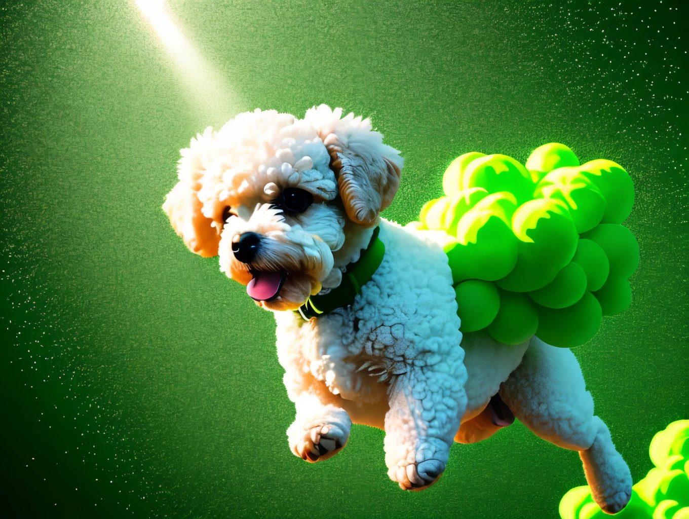 Extreme low angle shot of tiny white toy poodle jumping high in the sky, surrounded by exploding colour bombs of green and white, light in the scene giving a green and white colour, cinematic lighting, artgerm style, 32k, ultra HD, unreal engine rendered, photorealistic image, —ar 9:16 --auto --s2