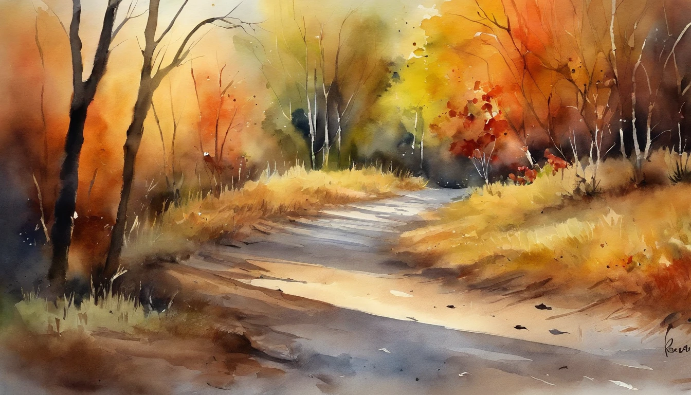 There are fallen leaves,Scattered on the ground,dirt road,Watercolor style