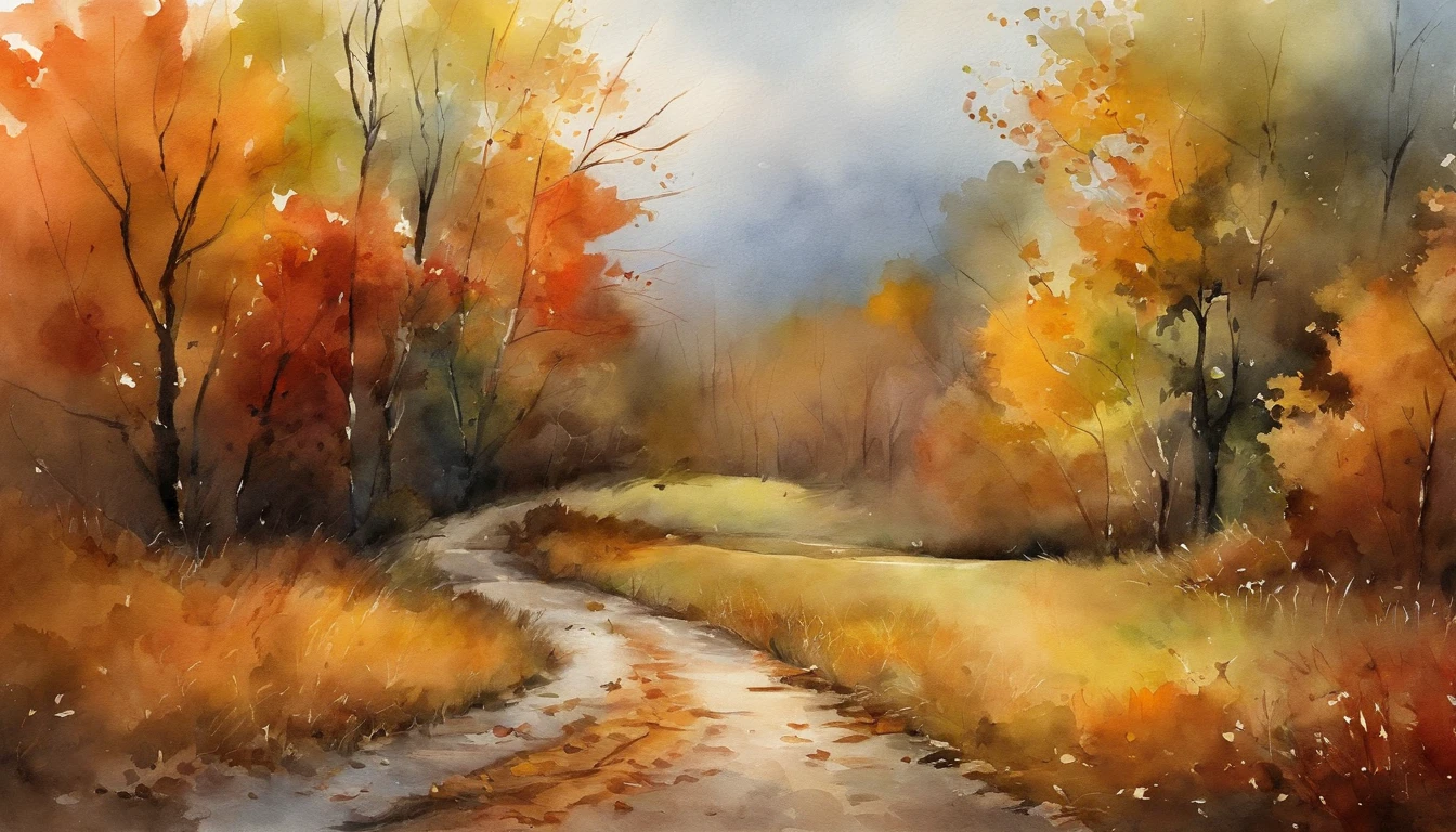 There are fallen leaves,Scattered on the ground,dirt road,Watercolor style