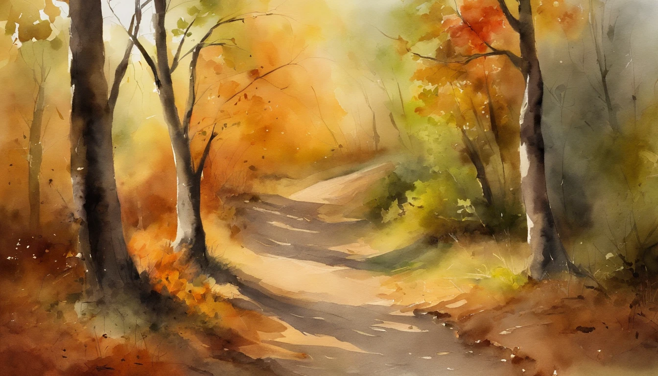 There are fallen leaves，Scattered on the ground，dirt road，Watercolor style