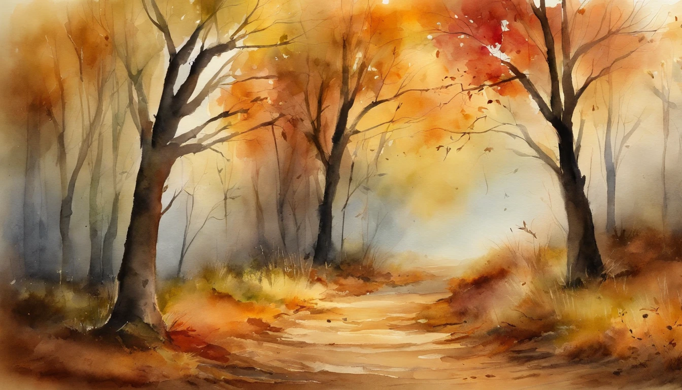 There are fallen leaves,Scattered on the ground,dirt road,Watercolor style