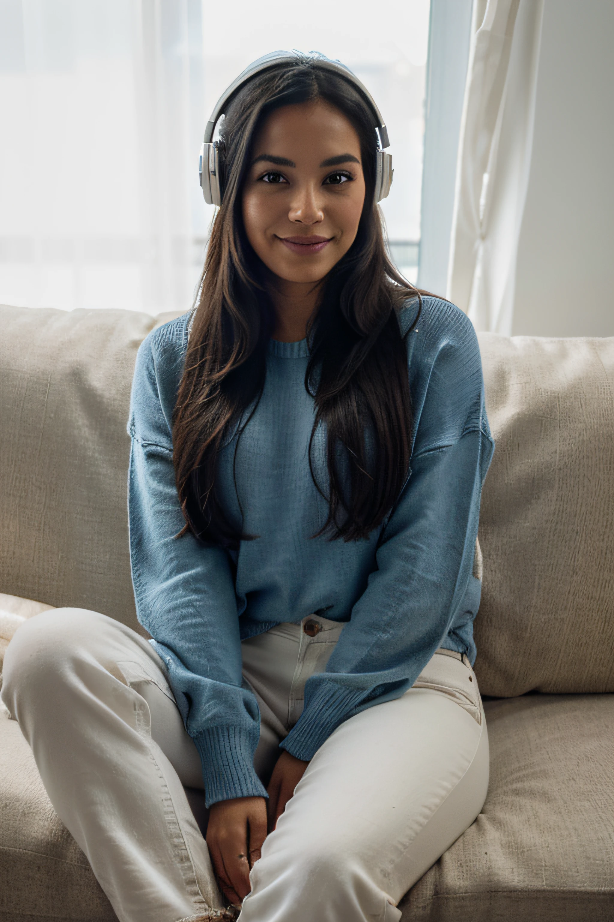 Beautiful 30 years old Mexican woman named Panam Ramirez enjoys music, sitting on the white couch, blue jeans, beige sweater, headphones, smile, RAW photo, dynamic pose, long black hair, high detail face, direct look, high detail hands, high detail eyes, ultrarealistic, full posture photo, Nikon, dark shot, ultra detail, 4K cinematic