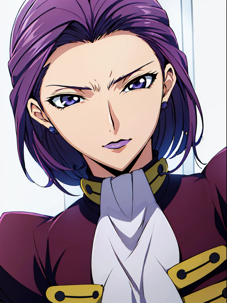 Simple white background,

((purple outfit)),Military, Military uniform,

(((Purple hair))),Purple eyes, ((((Straight hair)))),makeup,

1 girl, 35 year old,A MILF,Beautiful Finger,Beautiful long legs,Beautiful body,

Beautiful nose,Beautiful character design, Perfect eyes, Perfect face,Expressive eyes,Perfect balance,

Looking at Viewer,(Focus on her face),Closed mouth, (Innocent_Big_Eyes:1.0),(light_Smile:0.3),

Official art,Highly detailed CG Unity 8k wallpaper, Perfect Lighting,Colorful, Bright_front_Face_Lighting,White skin,

(masutepiece:1.0),(best_quality:1.0), 超A high resolution,4K,Ultra-detailed,

Photography, 8K, nffsw, hight resolution, absurderes:1.2, Kodak Portra 400, Film grain, Blurry background, Bokeh:1.2, Lens Flare, (Vibrant_Color:1.2),professional photograpy,

(Beautiful,breasts:1.0), (Beautiful_Face:1.5),(narrow_waist),((((wanting_earrings)))), ((((((hair slicked back)))))),(((((((very short back hair)))))))