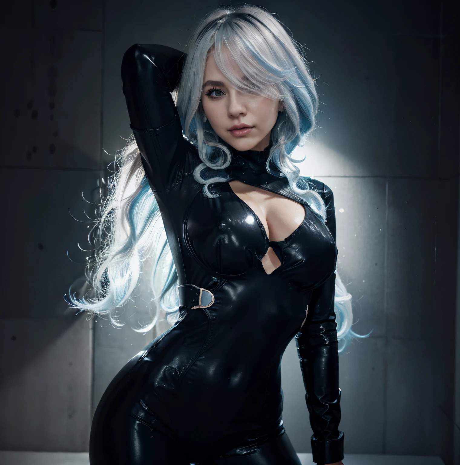 1girl, arm behind head, arm up, black bodysuit, light blue hair, Bodysuit, pectorals, cleavage, covered eyes, clothing cutout, Cowboy shot, lips, Long hair, makeup, Average Breasts,, night time, parted lips, Sateen, 独奏, Standing, Wet, white colored hair