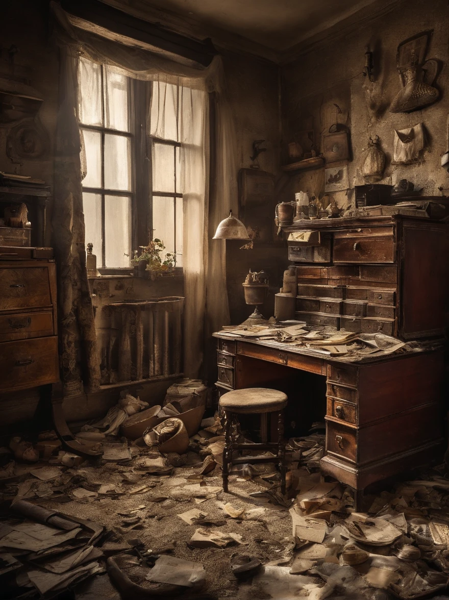 (Best quality at best,4K,A high resolution,tmasterpiece:1.2)，ultra - detailed，（（Dim light：1.3）），（フォトリアリスティック:1.37），（（（Messy photography studio：1.5））），No one inside, The socks under the bed don&#39;t match, Shabby wooden chair，（A broken photography light on the ground：1.3），（The desk and floor are piled with various worn-out cameras and lenses：1.5），Old photos and photography magazines，Old photos and old newspapers on the wall，old magazines，Dirty laundry was scattered throughout the room, dusty atmosphere, dim murky lights, messy rooms, Overlooked plants in the corner, piles of unfolded clothes, Cluttered bookshelves，filled with books and trinkets, Half-open windows，The curtains were in tatters, messy bed，The sheets were crumpled, Art supplies scattered on the table, A cracked mirror reflects chaos, The atmosphere is gloomy and chaotic, A forgotten teddy bear lies on the floor, The walls are littered with unfinished drawings, Scattered coffee cups and empty snack wrappers, The lamp on the bedside table is broken, The floor was covered with a worn carpet, Somber color palette with pastel tones, a feeling of being ignored and confused，（Motion picture film tones，Antique color，retro tone，Fading effect）