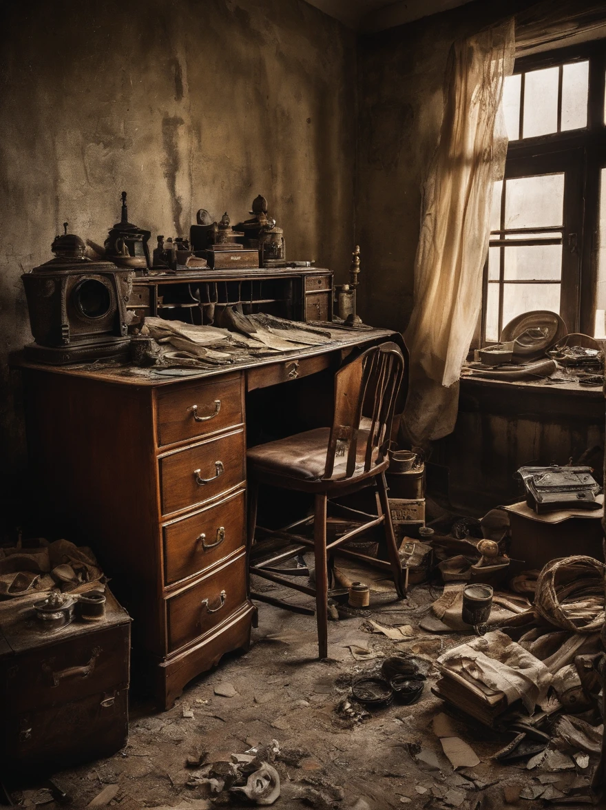 (Best quality at best,4K,A high resolution,tmasterpiece:1.2),ultra - detailed,((Dim light:1.3)),(フォトリアリスティック:1.37),(((Messy photography studio:1.5))),No one inside, The socks under the bed don't match, Shabby wooden chair,(A broken photography light on the ground:1.3),(The desk and floor are piled with various worn-out cameras and lenses:1.5),Old photos and photography magazines,Old photos and old newspapers on the wall,old magazines,Dirty laundry was scattered throughout the room, dusty atmosphere, dim murky lights, messy rooms, Overlooked plants in the corner, piles of unfolded clothes, Cluttered bookshelves,filled with books and trinkets, Half-open windows,The curtains were in tatters, messy bed,The sheets were crumpled, Art supplies scattered on the table, A cracked mirror reflects chaos, The atmosphere is gloomy and chaotic, A forgotten teddy bear lies on the floor, The walls are littered with unfinished drawings, Scattered coffee cups and empty snack wrappers, The lamp on the bedside table is broken, The floor was covered with a worn carpet, Somber color palette with pastel tones, a feeling of being ignored and confused,(Motion picture film tones,Antique color,retro tone,Fading effect)