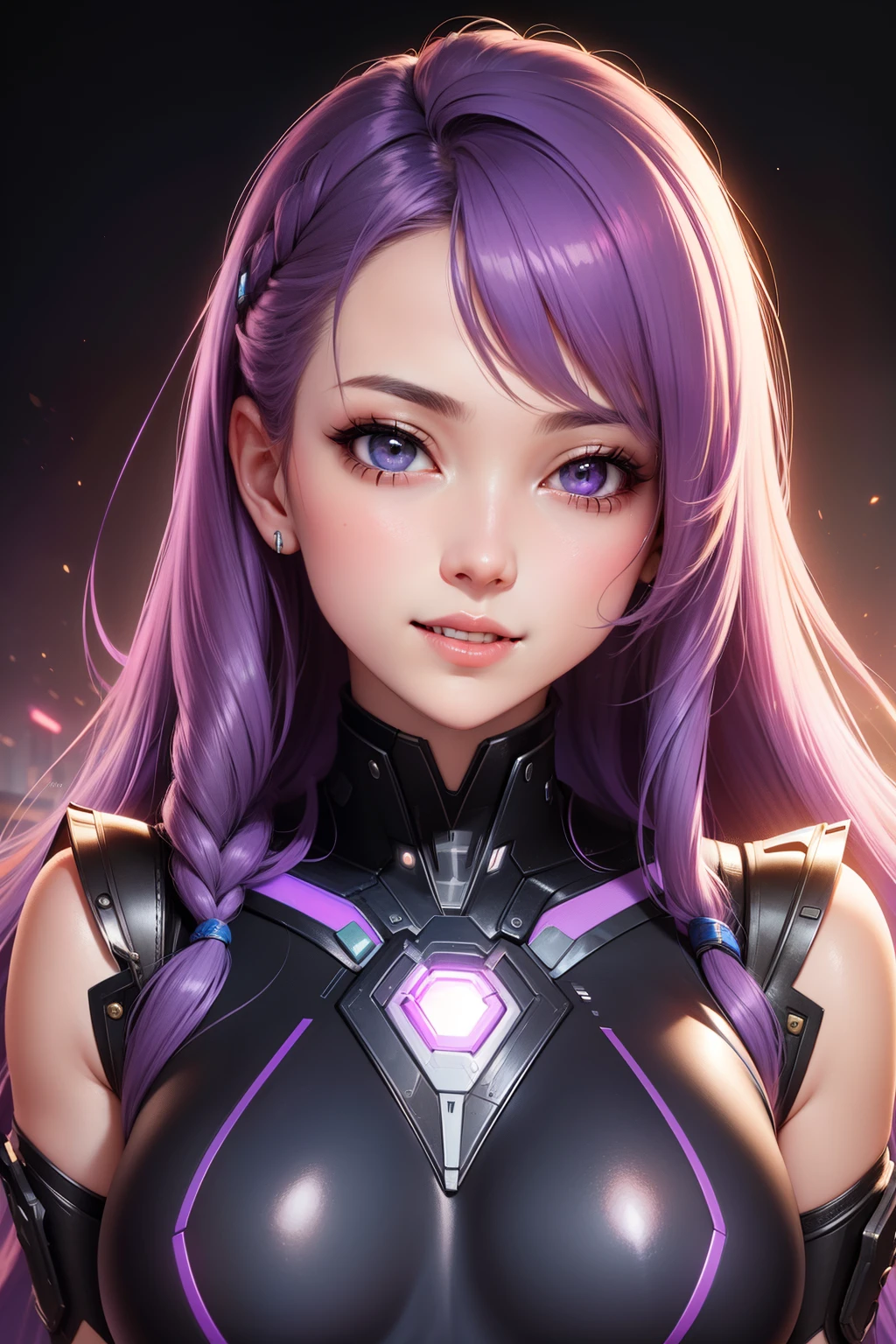 masterpiece, best quality, beautiful detailed hair detailed face, perfect feminine face, (happy:1.2), open mouth, smiling, (close-up potrait:1.2), face focus, a beautiful and cute warframe woman and glowing purple hair, purple neon lighting, (sci-fi cyberpunk bodysuit), solo, 1girl, ahoge, side hair, very long hair, shiny skin, shiny foreheads, lens flare, sharp focus, volumetric lighting, trending on artstation, pixiv, by sakimichan, george kamitani, akira yasuda, alphonse mucha, greg rutkowski, gil elvgren, william-adolphe bouguereau
