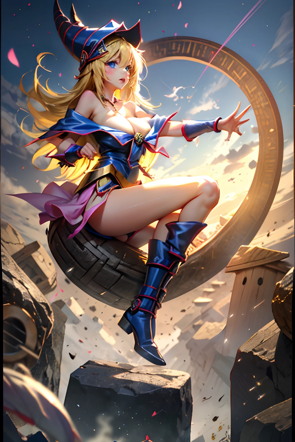 (Obra maestra:1.2), (La mejor calidad:1.2), Perfect lighting, Chica Maga Oscura lanzando un hechizo, flotando en el aire, Levitating over a magic circle , Portal de Circle, tetas grandes, escote abierto, fondo de magia. Pose sejustiva y sexy. Fuegos artificiales de fondo. dragon armaguedon