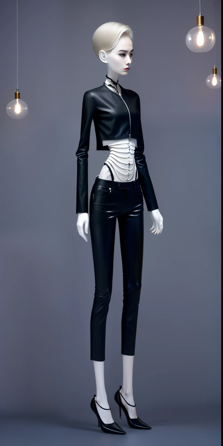 very thin woman, A thin body,Protruding sternum,The waist is very thin,The ribs are noticeable,Protruding ribs,The pelvic protrusion is very obvious,The pelvis is markedly elevated,White skin of the,thin shoulde,The waist is very thin,Sunken abdomen,Delicate arms,The lower abdomen is depressed,Short hair details,Wear tight leather pants,Asia face,extremely thin,angry look,Excessive weight loss,weeping,Face becomes thinner,Severe malnutrition,Effeminate woman