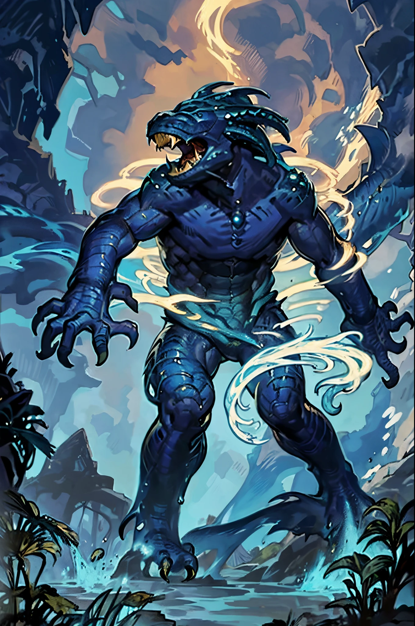 Solo, single character, (Highly detailed illustration of a proud and powerful dragon-like humanoid who once ruled over a vast empire. He had tough, scaly golden skin, and his eyes glowed with an inner fire. He has long, sinuous body that is covered in scales, and his fingers ended in sharp claws. his head is elongated and had prominent snouts with sharp teeth and forked tongues.)
The Arcanes were a highly advanced and sophisticated people, with a deep understanding of magic and technology. They were known for their towering cities of crystal and metal, which were powered by arcane energies and spanned entire continents. They had a deep reverence for knowledge and were constantly seeking new ways to push the boundaries of what was possible.
