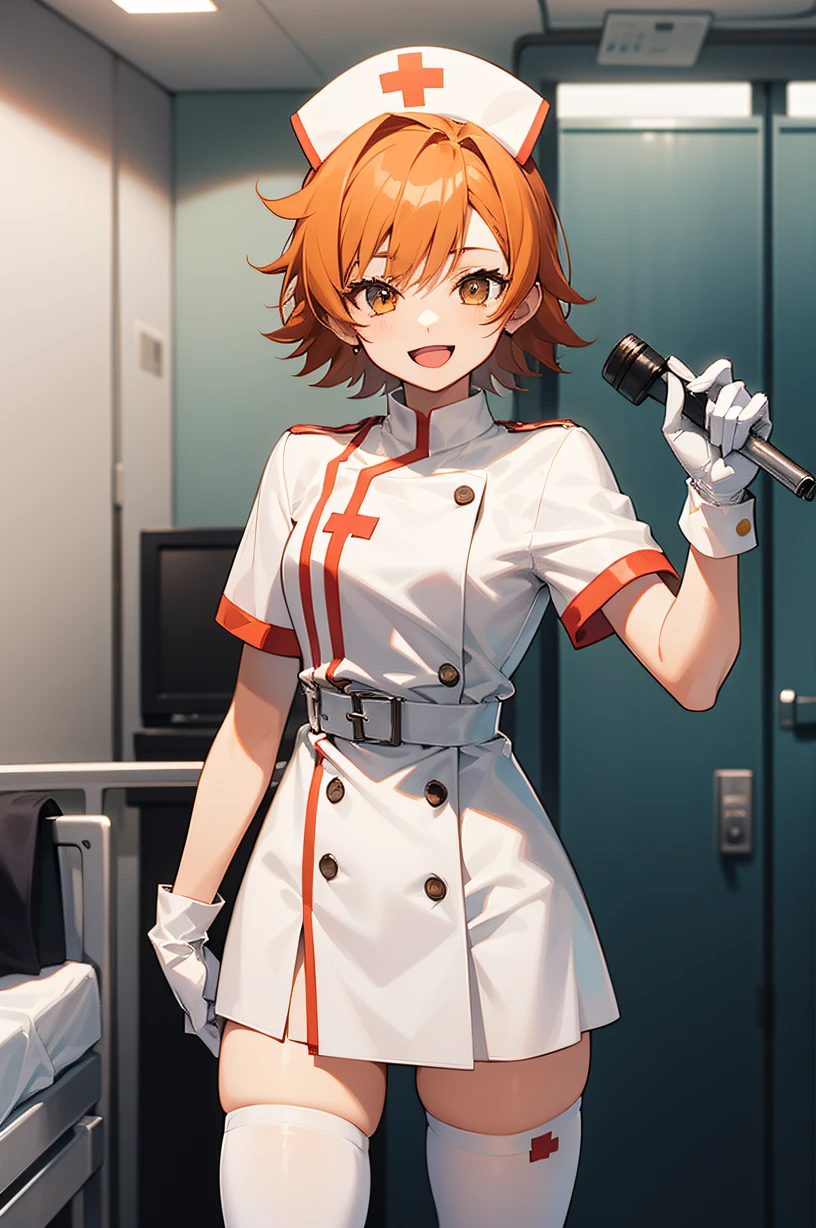 1girl, solo, nurse, nurse cap, white wear, ((white legwear, zettai ryouiki)), white gloves, very short hair, orange hair, smile, open mouth, standing, ((hospital room)), sharp outline, short sleeves, tomboy, boyish, best quality, masterpiece