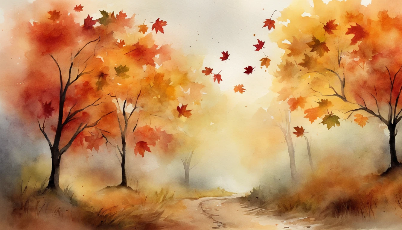 falling maple leaves，dirt road，the watercolor style