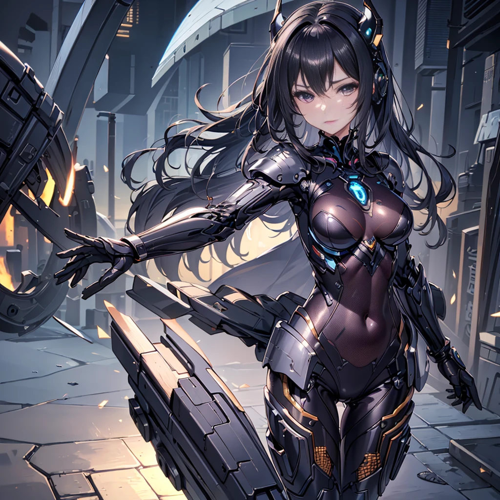 (8k), (hyper detailed), (ultra quality), (masterpiece), (anime), (detailed machine), (beautiful girl), (beautiful background), (beautiful body), ligne claire, contour deepening beautiful detailed glow, A magnificent scene, depthoffield, beautiful detailed shadow, petite, small breast, slim legs, silky black hair, extra long hair, voluminous shiny detailed hair, detailed beautiful purple eyes,cape, (mechanical armored), mechanical grove, head gear