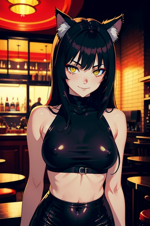 (NSFW, slim body, 1 girl, pubic hair), (best quality, high-res, ultra-detailed, anime style, pastel, warm), ((long black hair, yellow eyes, looking at viewer, smug eyes, slightly smiling)), goth makeup, aesthetic, red room aesthetic, red lightning, red interior aesthetic, red light, dark red lights, (black turtleneck), vaporwave interior, portrait