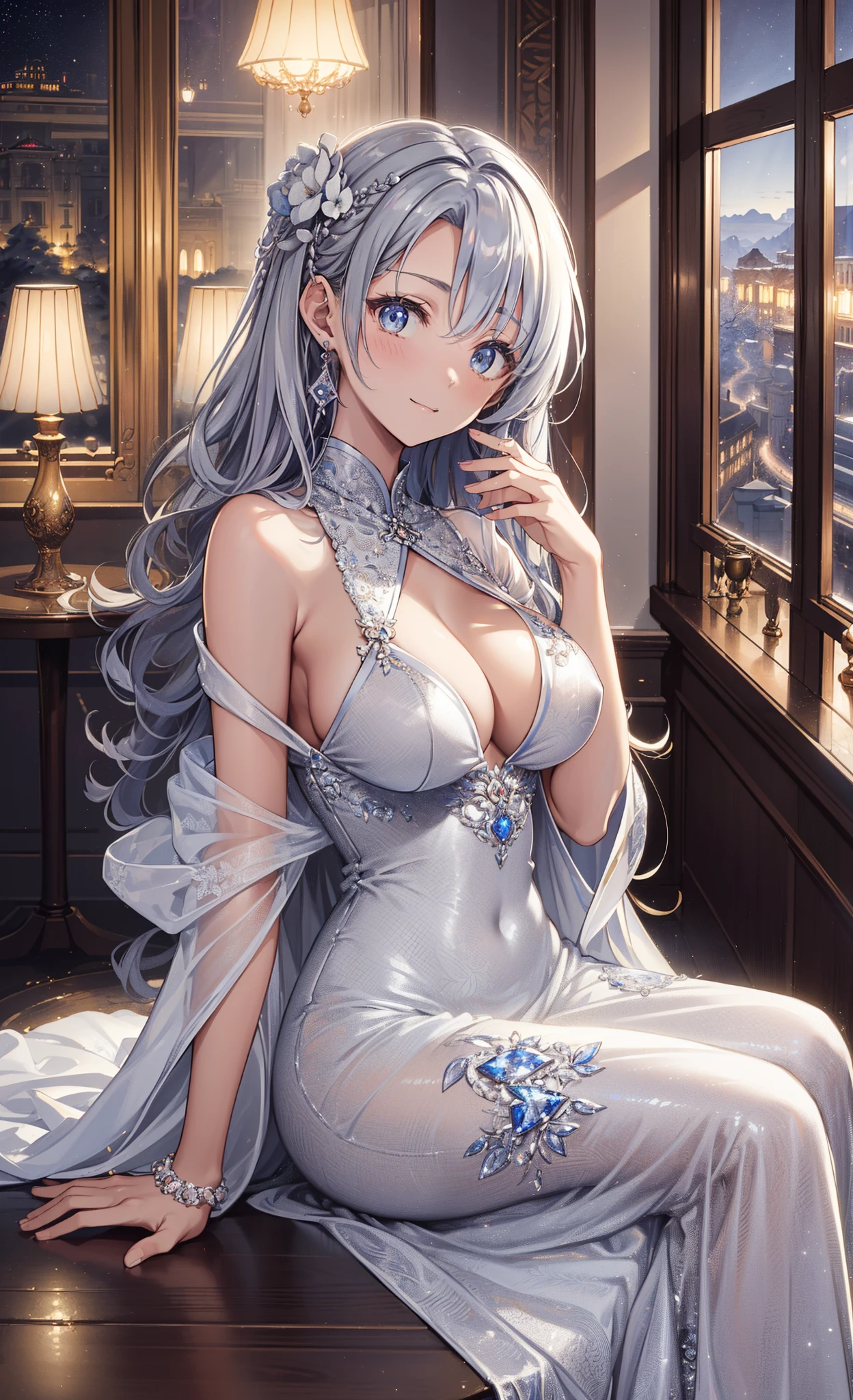 top-quality、Top image quality、tmasterpiece、girl vs. ((、best bust、medium chest circumference、obsessed、tempting pose、Breasts wide open,silver slightly curly hair、slenderness、Grand canyon、silver hanfu dress、Clear white yarn))high high quality、beautiful art、Background with((luxury hotel、Night view windows)))On a table、visual art、depth of fields、Diamonds adorn clothes,Sparkling,Full body lesbian