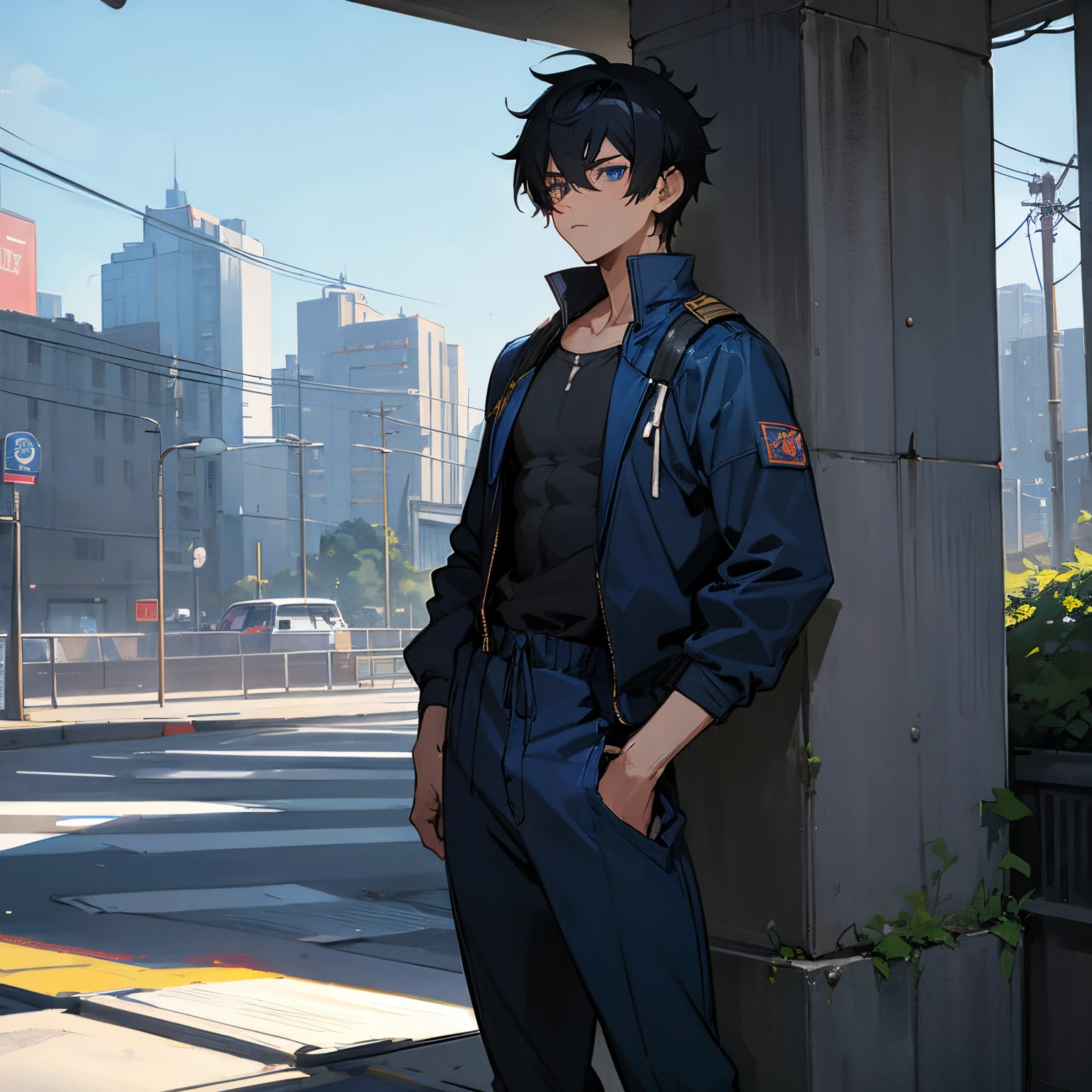 Messy Blueish Black Hair , Black School Uniform Jumpsuit, 1male , Dark Blue Eyes , standing on street , city background , sunny day ,Teen Male , lean muscular build