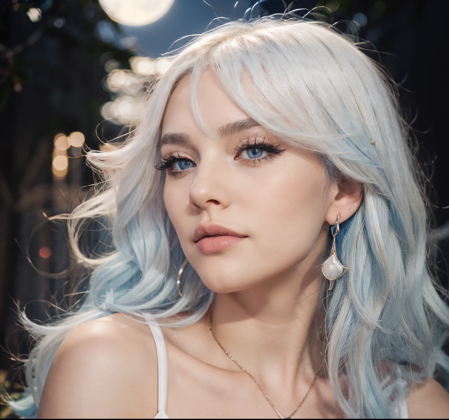 1girl, earrings, eyelashes, full moon, jewelry, lips, long hair,blue hair, moon, night, night sky, parted lips, portrait, sky, solo, star \(sky\), white hair