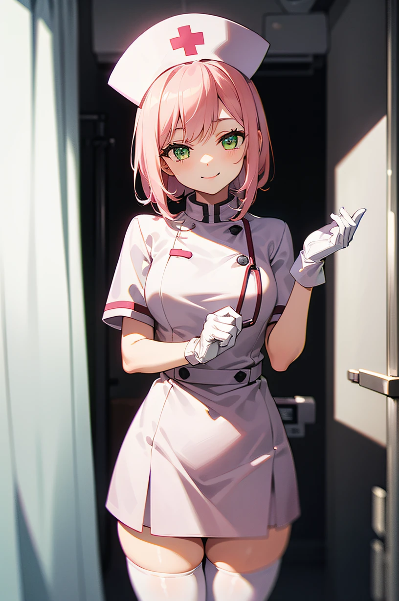 1girl, solo, nurse, nurse cap, white wear, ((white legwear, zettai ryouiki)), white gloves, pink hair, green eyes, drooping eyes, smile, standing, ((hospital room)), sharp outline, short sleeves, best quality, masterpiece