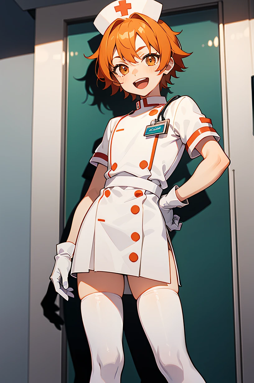 1boy, solo, male focus, nurse, nurse cap, white wear, ((white legwear, zettai ryouiki)), white gloves, short hair, orange hair, smile, open mouth, standing, ((hospital room)), sharp outline, short sleeves, shota, , best quality, masterpiece