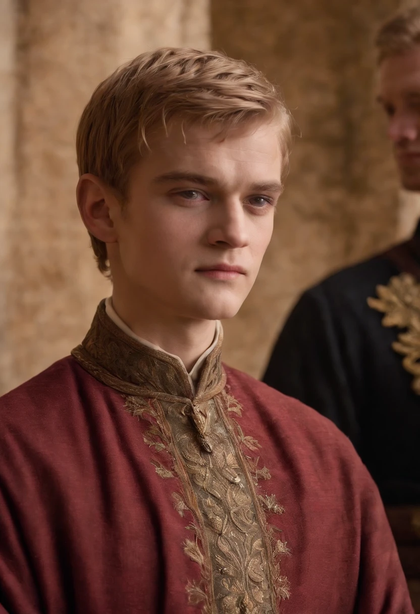 A photo of Joffrey torturing a small animal.,Game of Thrones TV series,Joffrey Baratheon, a character from “Game of Thrones,” presents with the fair-haired, aristocratic looks typical of the Lannister lineage, often displaying a smug, self-satisfied expression that mirrors his entitled demeanor. His youthful appearance is contrasted by a cold, sneering countenance, and he is usually adorned in lavish, regal attire befitting his status as a prince and later a king.