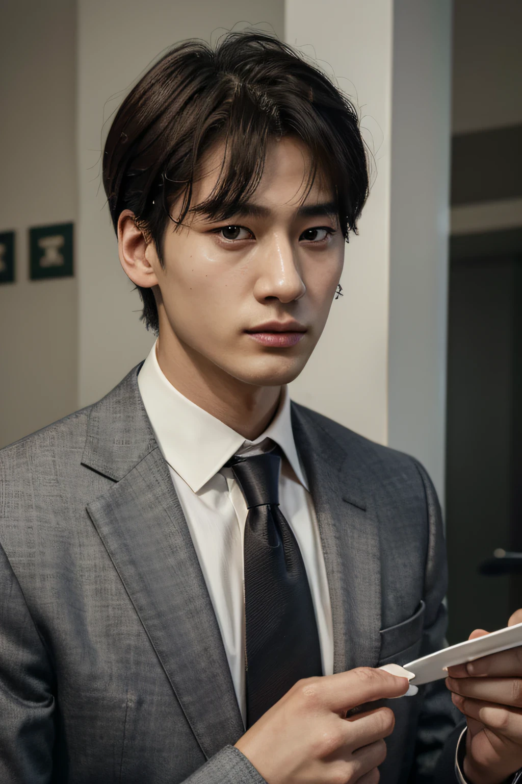 a close up of a person wearing a suit and tie, a picture inspired by jeonseok lee, unsplash, realism, kim doyoung, taken in the early 2020s, jinyoung shin, jung jaehyun, jungkook, hyung tae, taehyung eating gucci fries, prominent jawline, innocent look, extremely handsome, taejune kim, very handsome