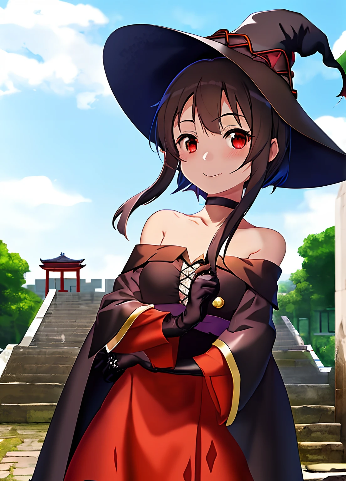 bunbun masterpiece, best quality, megumin, 1girl, bare shoulders, black cape, black gloves, black hair, cape, choker, collarbone, dress, hair between eyes, hat, long sleeves, looking at viewer, medium hair, off-shoulder dress, off shoulder, red dress, red eyes, sidelocks, solo, witch hat, rosy cheeks, standing outdoors on a set of stairs leading to a temple, under a blue sky. smiling