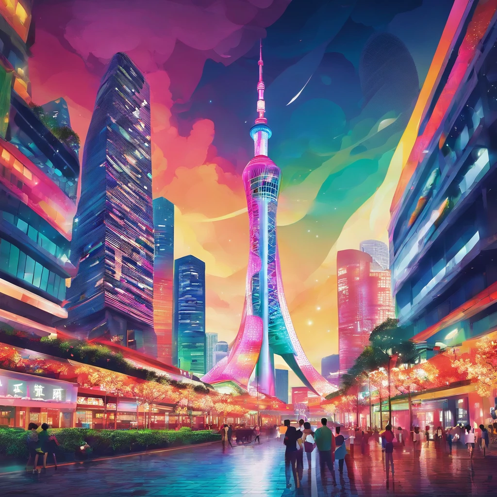Canton Tower lights up in rainbow colors on a sunny day, a colorful, The photo shows a large, shot at night, shenzhen, vibrant with colors, pylons, a 15 foot tall, that is 1300 feet tall, painted tower of the moon, Shooting down RT using Pentax k1000.Chapter 66 Before the big storm, retrospective, annual light display, cumulonimbus clouds, Volumetriclighting, Big sky has a poster，A picture of a city and a ship on top of the Canton Tower in Guangdong, vibrant tourism poster, Poster illustration, travel poster, illustrated poster, skyscrapers and flying cars,Canton Tower，Canton Tower，Canton Tower，Small waisted Guangzhou Tower