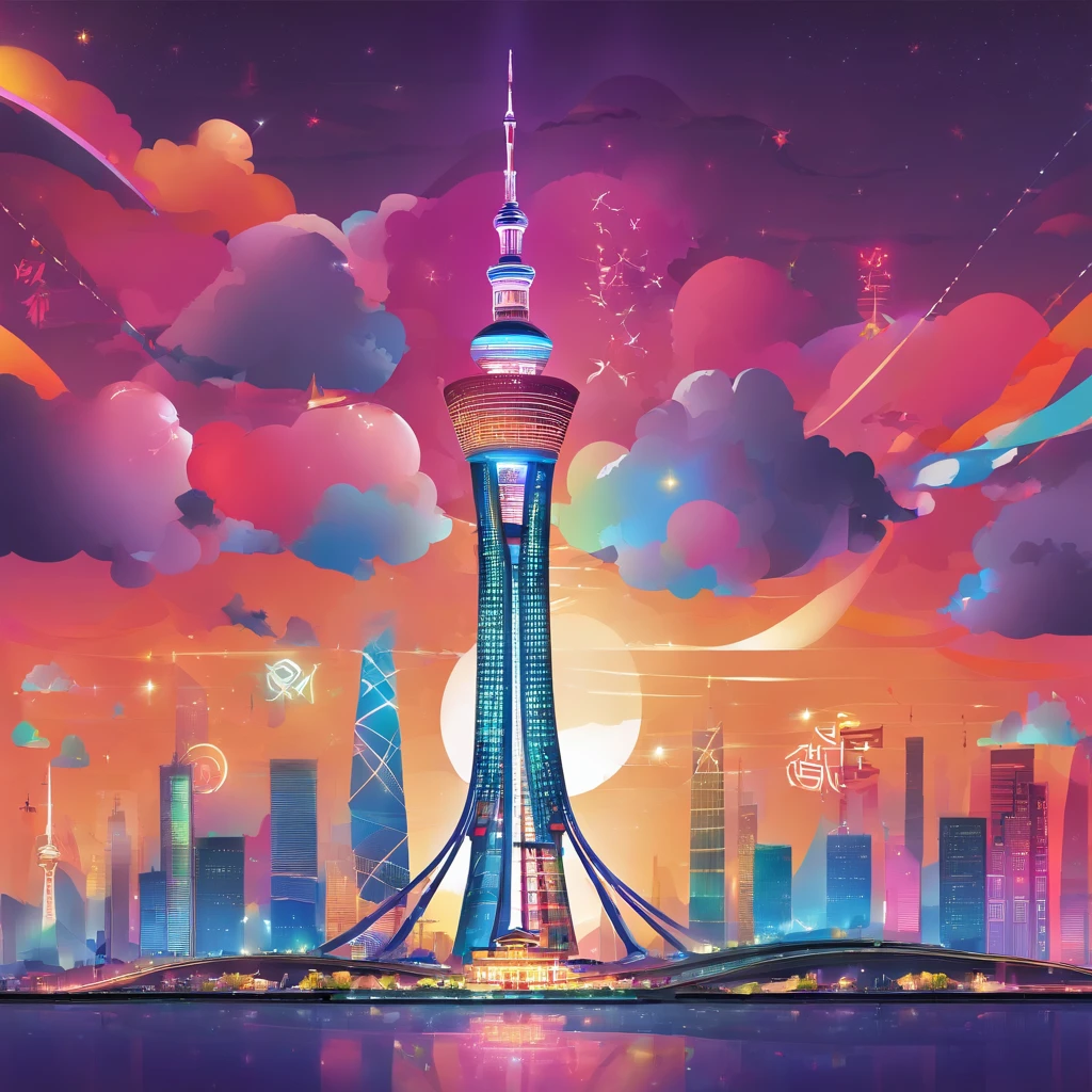 Canton Tower lights up in rainbow colors on a sunny day, a colorful, The photo shows a large, shot at night, shenzhen, vibrant with colors, pylons, a 15 foot tall, that is 1300 feet tall, painted tower of the moon, Shooting down RT using Pentax k1000.Chapter 66 Before the big storm, retrospective, annual light display, cumulonimbus clouds, Volumetriclighting, Big sky has a poster,A picture of a city and a ship on top of the Canton Tower in Guangdong, vibrant tourism poster, Poster illustration, travel poster, illustrated poster, skyscrapers and flying cars,Canton Tower,Canton Tower,Canton Tower,Small waisted Guangzhou Tower