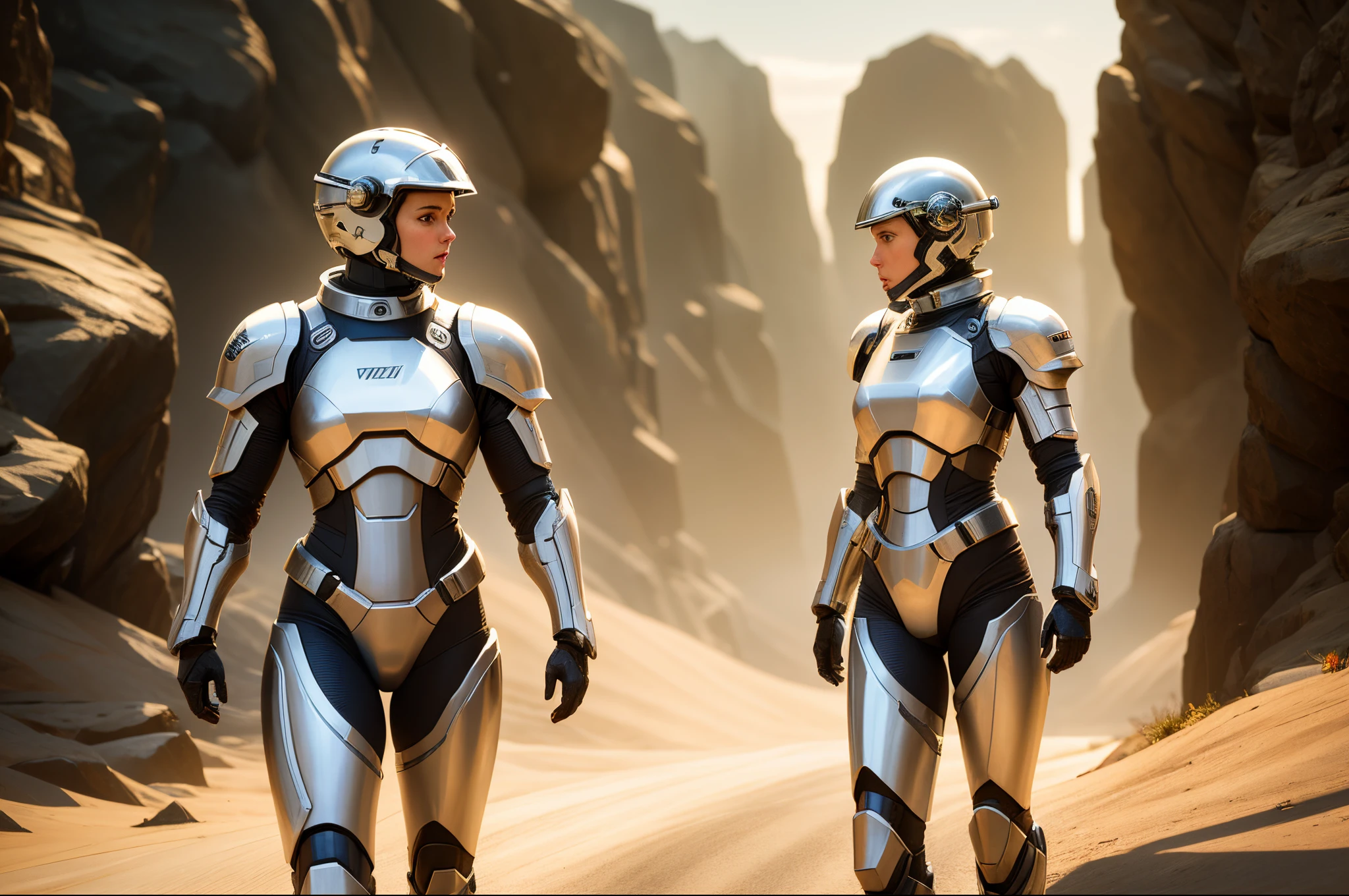 1 white sci-fi female armor with (cybernetic helmet), full armor, insulated armor, spacesuit, bald head, lots of fine detail, sci-fi movie style, outdoor photo, photography, natural light, photorealism, cinematic rendering, ray tracing, the highest quality, the highest detail, Cinematic, Third-Person View, Blur Effect, Long Exposure, 8K, Ultra-HD, Natural Lighting, Moody Lighting, Cinematic Lighting