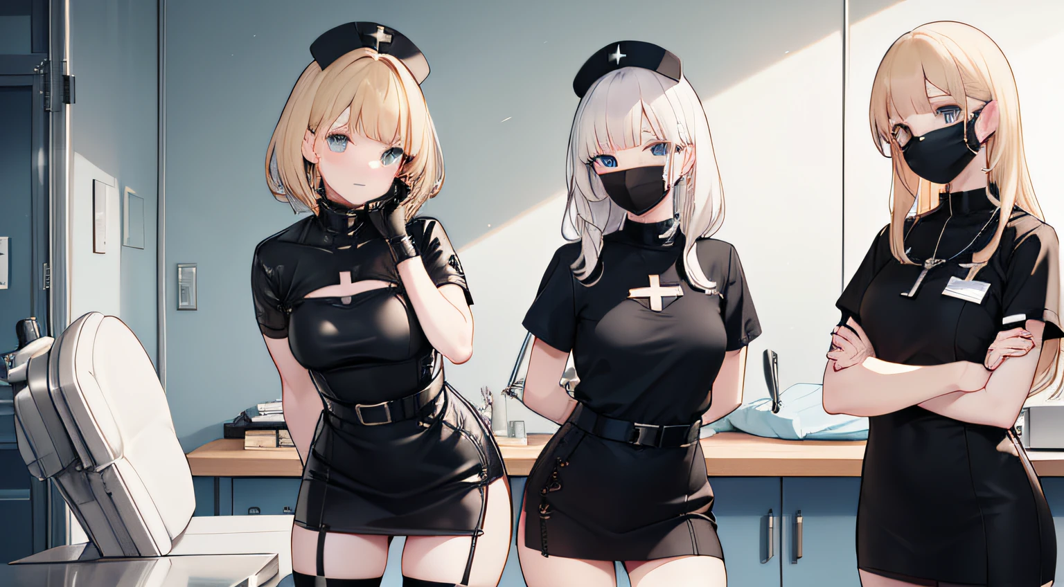 black nurse, femele,, Black Nurse Cap, Black Wear, have a surgical scalpel、((Black legwear, zettai ryouiki)), Black Elbow Gloves, Blonde hair, Blue eyes, ((Black surgical mask, Covered nose)), Standing, ((surgery room)), sharp outline, Short sleeves, maturefemale, 35 years old, Best Quality, masutepiece