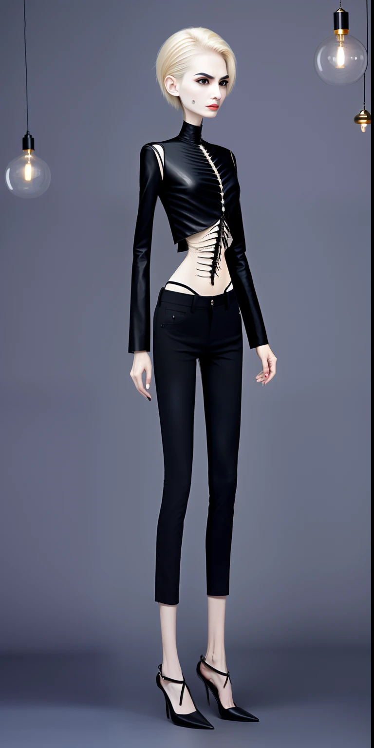 very thin woman, A thin body,Protruding sternum,The waist is very thin,The ribs are noticeable,Protruding ribs,The pelvic protrusion is very obvious,The pelvis is markedly elevated,Fair skin,thin shoulde,The waist is very thin,Sunken abdomen,Delicate arms,sunken lower abdomen,Short hair details,Wear tight leather pants,Asia face,extremely thin,angry look,Excessive weight loss,weeping,Face becomes thinner,Severe malnutrition,Effeminate woman