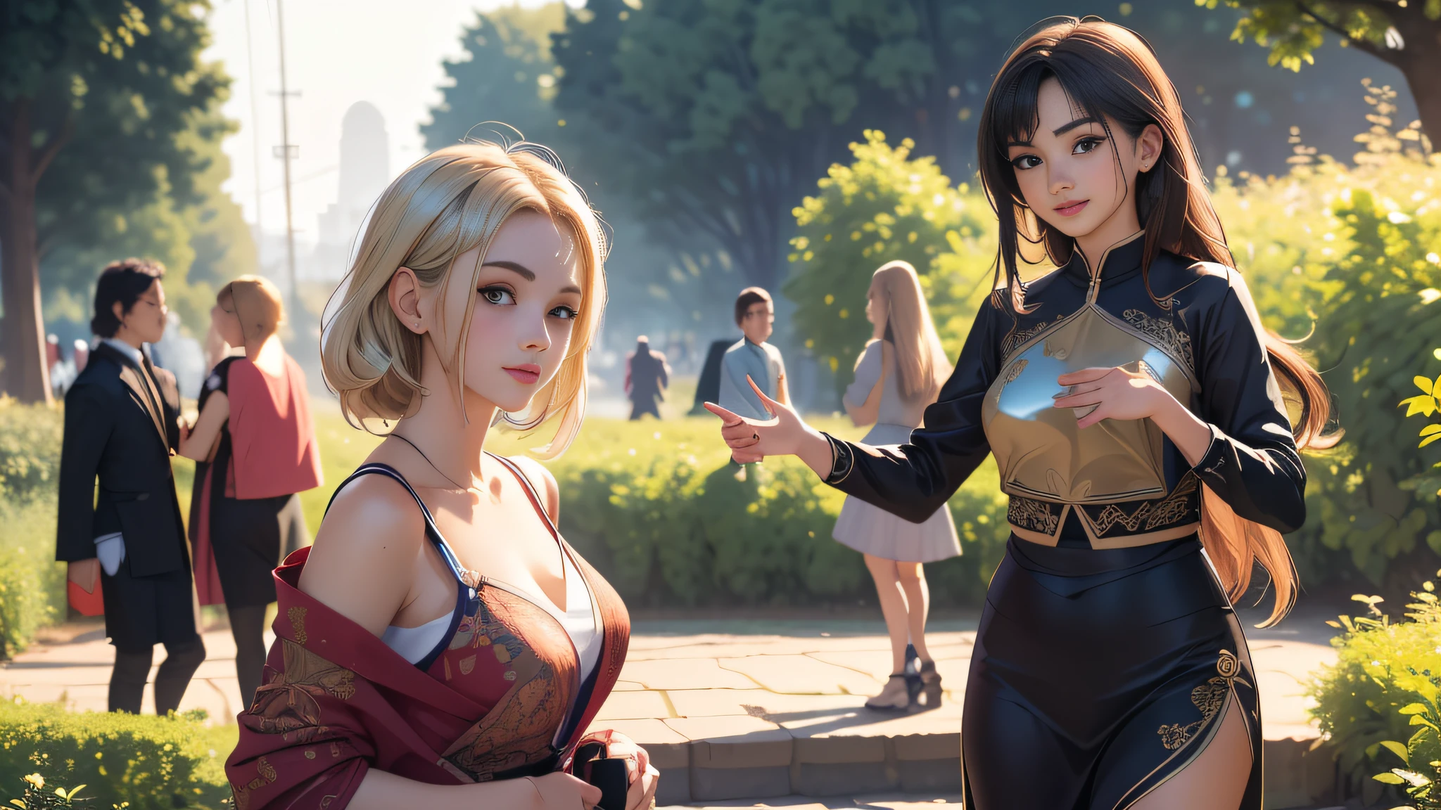 sfw, (Extremely detailed 8k wallpaper:2), (photo:2), (soigne Beautiful girl:2), (gives a lecture to friends:2), detailed (Face and eyes), (hyper realistic:1), (highly detailed:1), (epic realistic:1), rim light, (maximum details:1), cozy, (fullbody:1.3), (looking at viewer:2), (Woman's Attractive Qualities:2), (Attractive Woman:2), (Attractive:2), Smile, Intelligence, Empathy, Gracefulness, Sense of Style, Fitness, Grooming, Optimism, (Sensitivity:2), Sincerity, Romantic Gestures, Playfulness, Fashion Sense, (Sensuality:2), Charm, Modesty, Thoughtfulness, (Femininity:1), Flirtatiousness, Warmth, (Physical attractiveness:2), A beautiful smile, A love of life, strength and power, vulnerability, curiosity, wonder, love, (nature background:2), kawaii, waifu, Beautiful breasts, (attractive body:2), (Beautiful body:2), Beautiful pose, attractive pose, (Beautiful legs:1.0), (spread legs:1.0), (Beautiful clothes:1), (classic clothes:2), (elegant clothes:2), (European clothes:2), detailed clothes, (skirt:1), (blouse:1), (provocative pose)