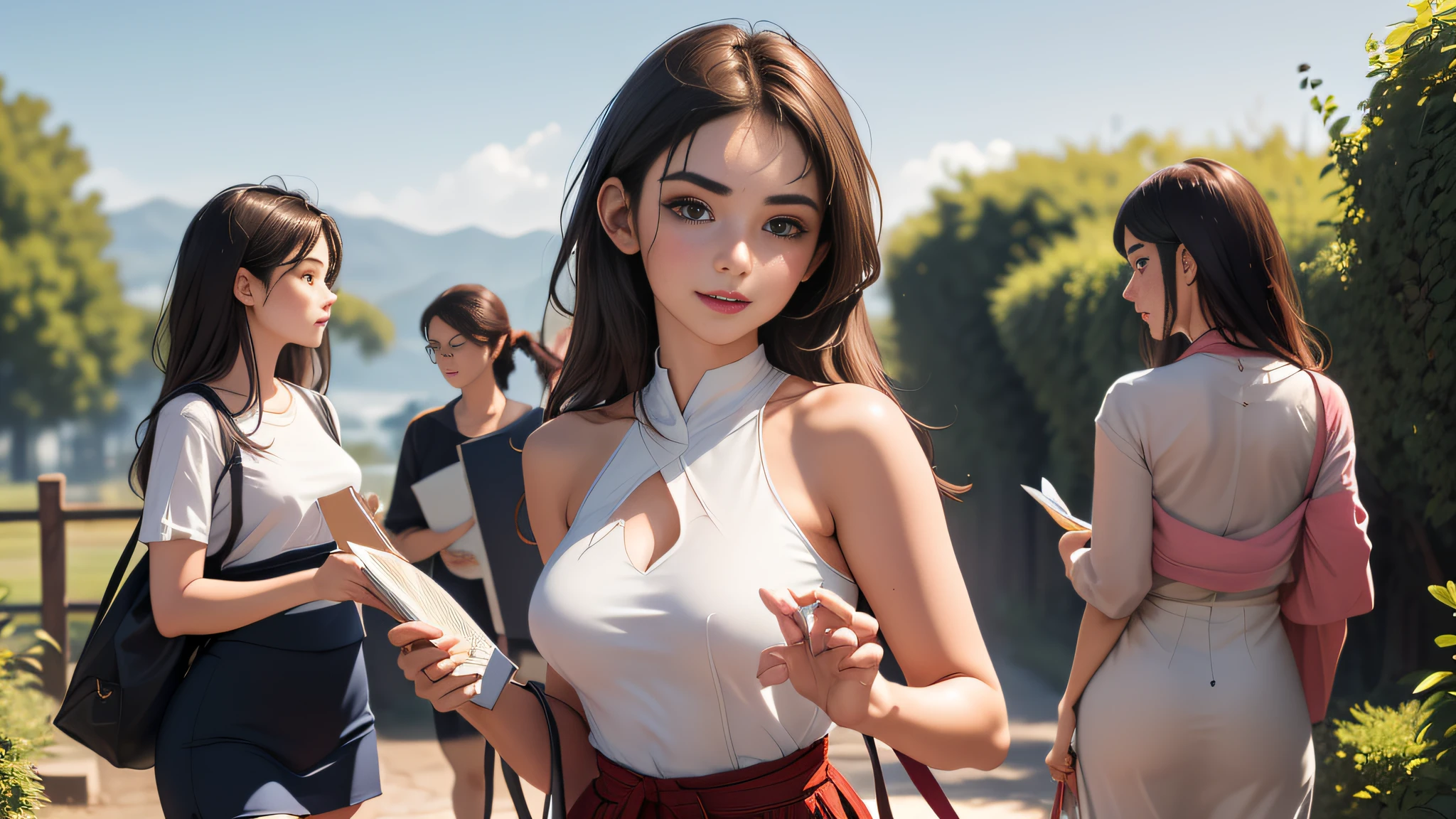 sfw, (Extremely detailed 8k wallpaper:2), (photo:2), (soigne Beautiful girl:2), (gives a lecture to friends:2), detailed (Face and eyes), (hyper realistic:1), (highly detailed:1), (epic realistic:1), rim light, (maximum details:1), cozy, (fullbody:1.3), (looking at viewer:2), (Woman's Attractive Qualities:2), (Attractive Woman:2), (Attractive:2), Smile, Intelligence, Empathy, Gracefulness, Sense of Style, Fitness, Grooming, Optimism, (Sensitivity:2), Sincerity, Romantic Gestures, Playfulness, Fashion Sense, (Sensuality:2), Charm, Modesty, Thoughtfulness, (Femininity:1), Flirtatiousness, Warmth, (Physical attractiveness:2), A beautiful smile, A love of life, strength and power, vulnerability, curiosity, wonder, love, (nature background:2), kawaii, waifu, Beautiful breasts, (attractive body:2), (Beautiful body:2), Beautiful pose, attractive pose, (Beautiful legs:1.0), (spread legs:1.0), (Beautiful clothes:1), (classic clothes:2), (elegant clothes:2), (European clothes:2), detailed clothes, (skirt:1), (blouse:1), (provocative pose)