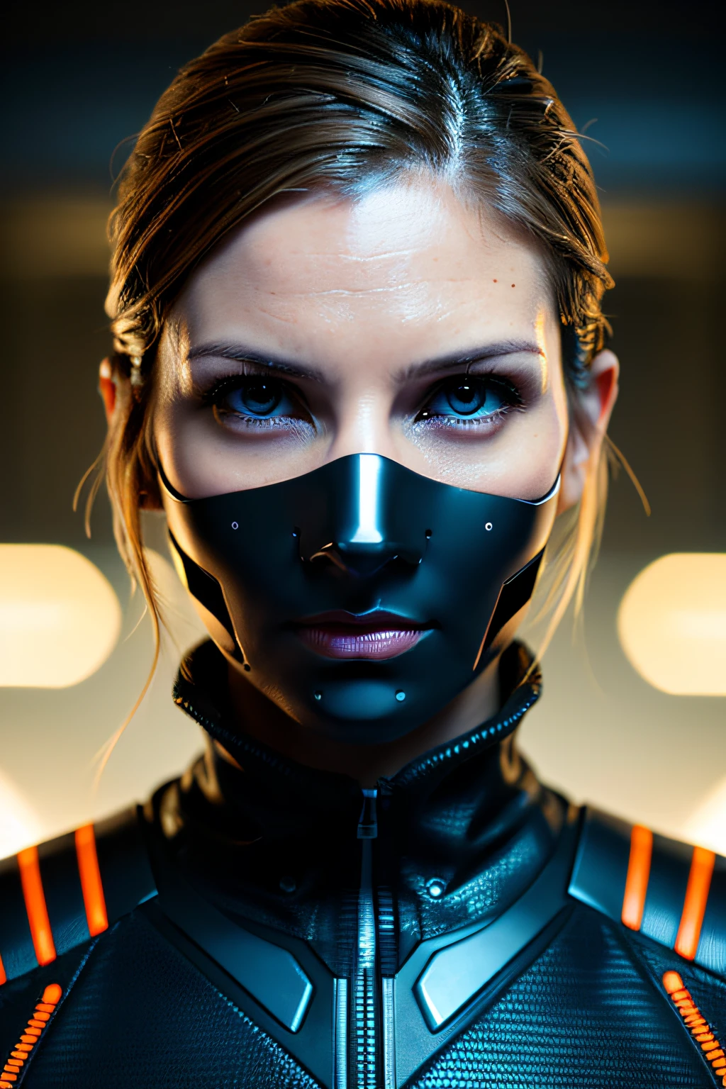 (Cyberpunk military scientists:1) (1womanl) Dark theme :: Focus on close-up of the face, Curious face, Katie Sackhoff's face, Ultra realistic futuristic cyberpunk tall athletic woman, :: Medium brown hair, Futuristic meganeotaku :: Inside the Cyberpunk Office :: Brown eyes :: Natural lighting :: Bokeh :: 8K :: Best Quality :: masutepiece :: Insanely detailed:1.5