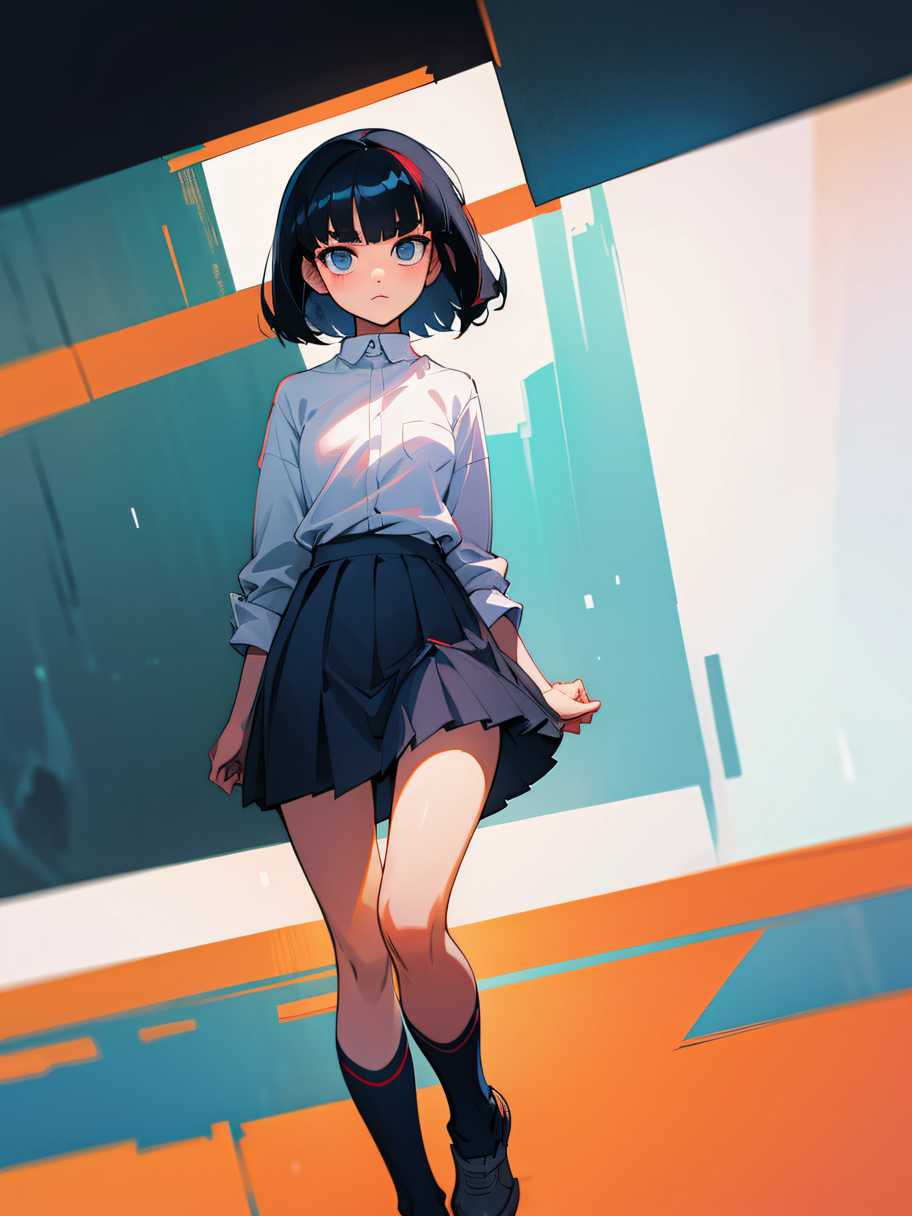 Black hair short bob、a miniskirt、Walking sideways、white shirt