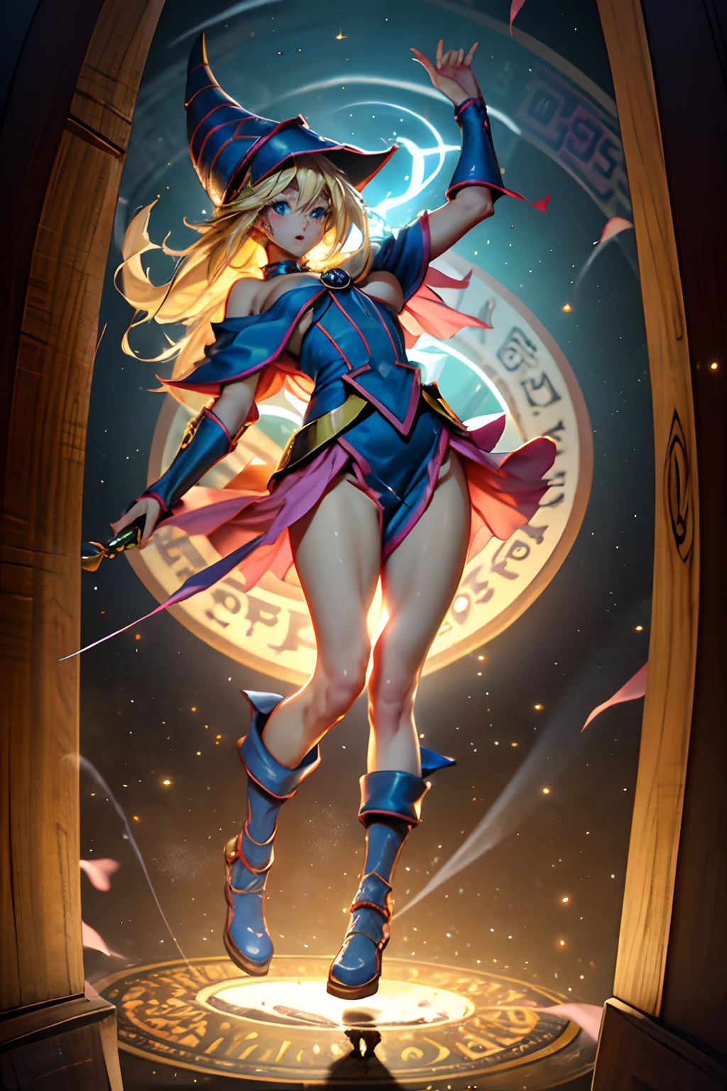 (Obra maestra:1.2), (La mejor calidad:1.2), Perfect lighting, Chica Maga Oscura lanzando un hechizo, flotando en el aire, Levitating over a magic circle , Portal de Circle, tetas grandes, escote abierto, fondo de magia. Pose sejustiva y sexy. Fuegos artificiales de fondo. dragon armaguedon
