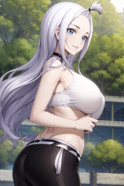 1girl, solamente, blue eyes, white hair, adornos para el cabello, flores en el cabello, pechos enormes, sports bra, escote, cuello, pulseras doradas, obra maestra, mejor calidad, colores vibrantes, oversized gigantic breast, Mujer completamente madura, Cabello largo, happy face, leggings, in the park, (Beautiful_cara:1.5), (estrecho_cintura) cinematic lighting, bust shot, extremely detailed CG unity 8k wallpaper,