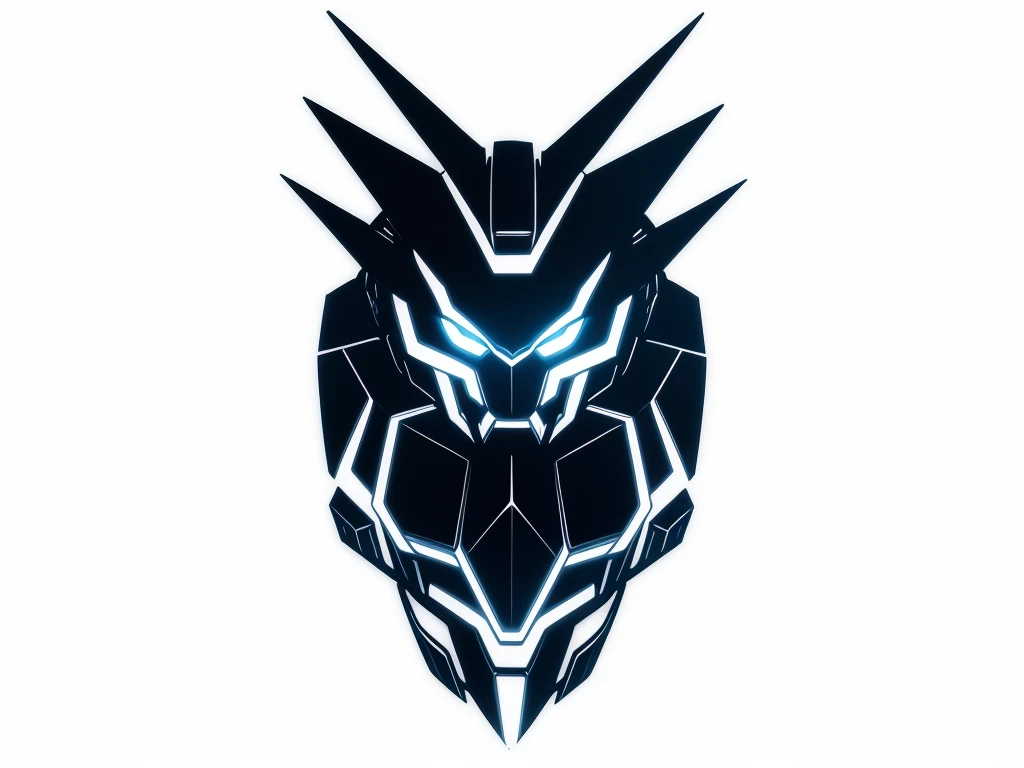 At the heart of the emblem lies the Transformers insignia - the Autobot or Decepticon symbol. This central motif is expertly merged with Gundam's style, employing the angularity of Gundam's aesthetic while incorporating the transforming aspects. The Transformers symbol could seem to morph and integrate seamlessly into the Gundam-style design, conveying a sense of transformation and adaptability.one logo face looking forward