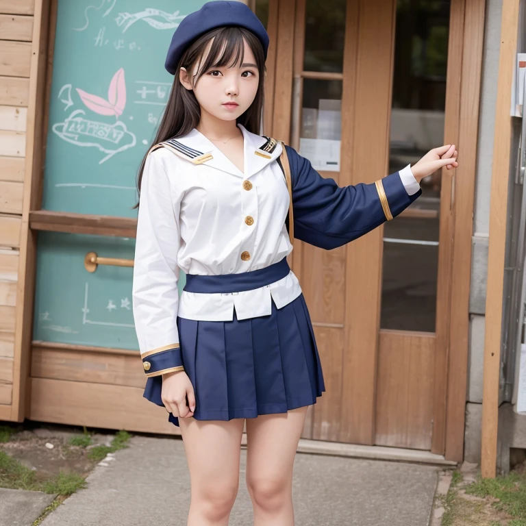 realistic pictures、Highest品質、ultra high resolution、Professional specifications、 (((( standing with hands on hips))))、Inside the bookstore、Japanese school sailor suit、very short skirt、((police officer hat))、((look at the camera))、short sleeve、belly button、'face、lolicon、Highest
