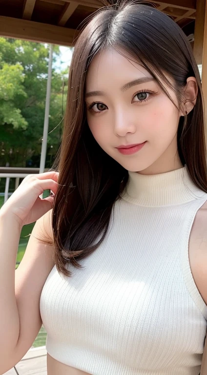 Masute Piece, bestquality, real light, finely detail, high-res, 8k wallpapers, Perfect dynamic composition, beautiful detail eyes, medium hair, Full big breasts, Random and sexy poses,Bring your breasts together.、(Very small mock neck cropped tank top. white knit shirt)、(Chest bulge 1.2)、smile、Open your mouth.、Resort view、Age 23 years、(Drone Eye 1.4)、Adult Beauty、japan