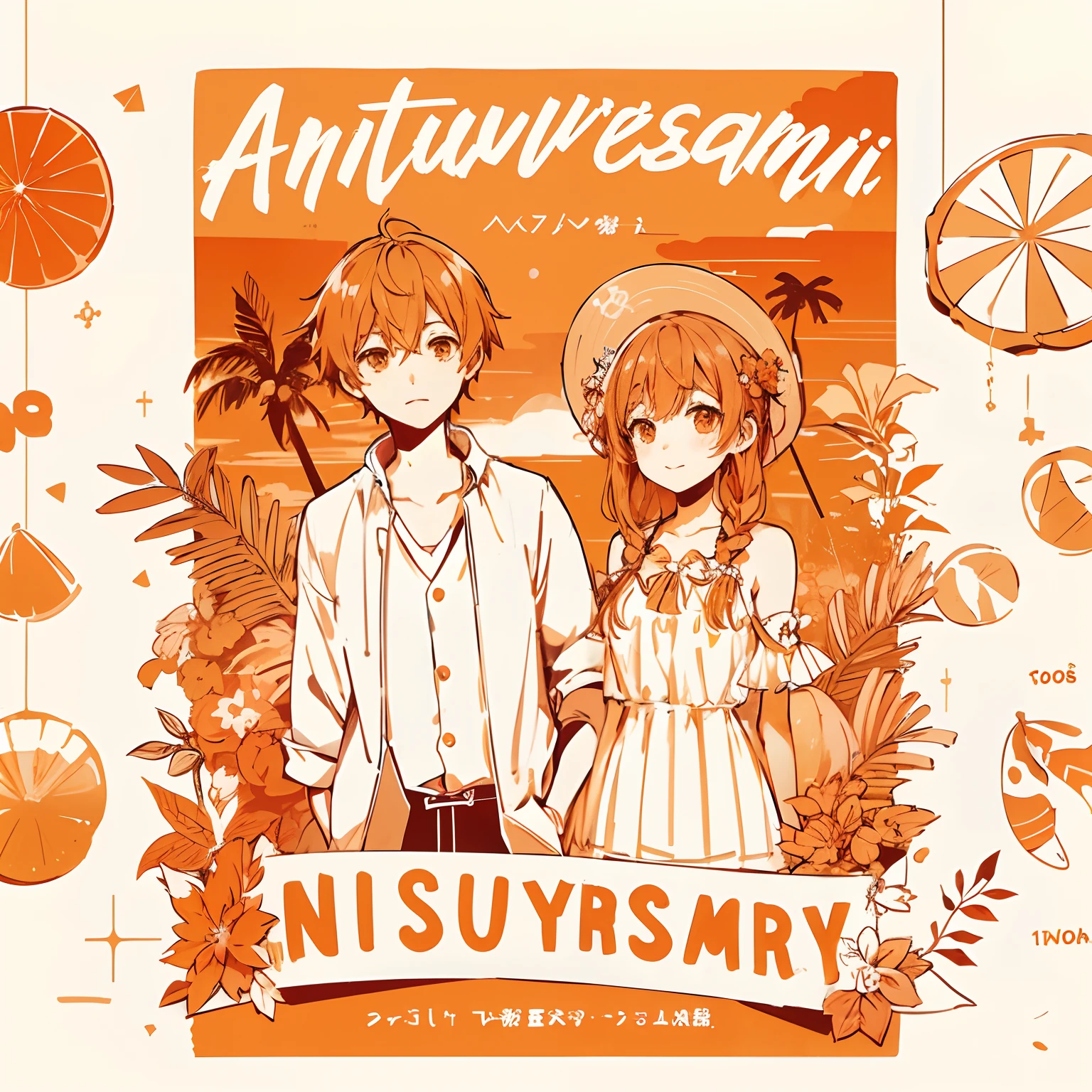 create poster beach party and anime style with words "Natsuyasumi"with boy and girl, orange color pallete